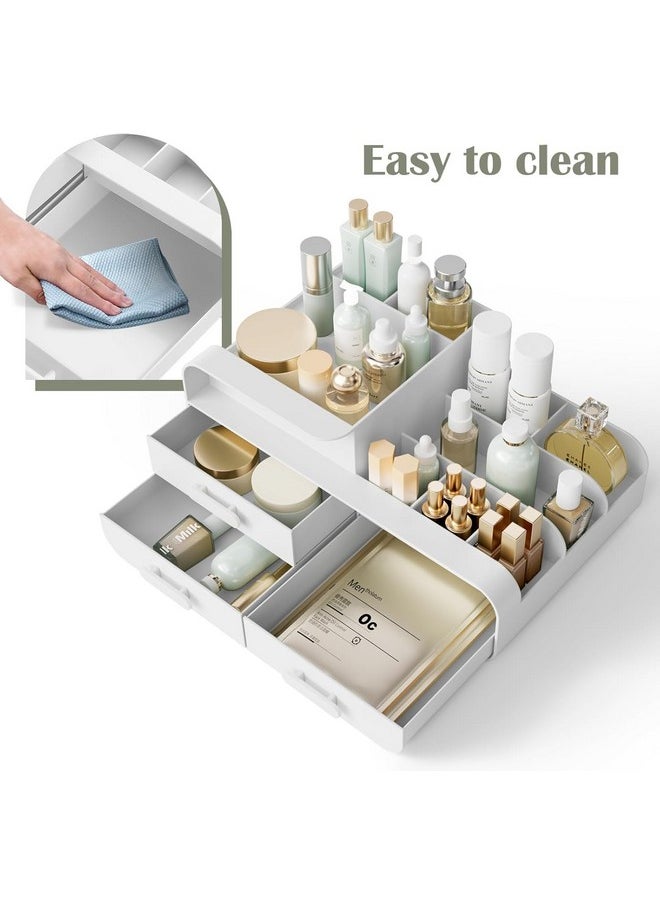 Makeup Organiser Cosmetic Storage Box, Make Up Organizer Dressing Table Plastic Cosmetics Holder With Drawer (White)