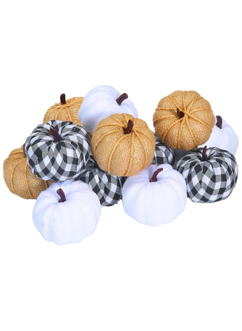 12 Pcs Pumpkins Fake Harvest Velvet Pumpkin White Black Small Faux Fabric Foam Pumpkin for Fall Decor Wedding Thanksgiving Halloween Home Farmhouse Decoration