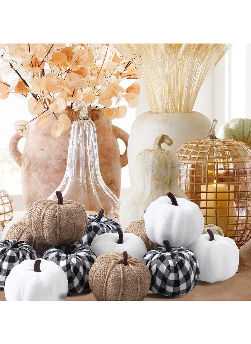 12 Pcs Pumpkins Fake Harvest Velvet Pumpkin White Black Small Faux Fabric Foam Pumpkin for Fall Decor Wedding Thanksgiving Halloween Home Farmhouse Decoration