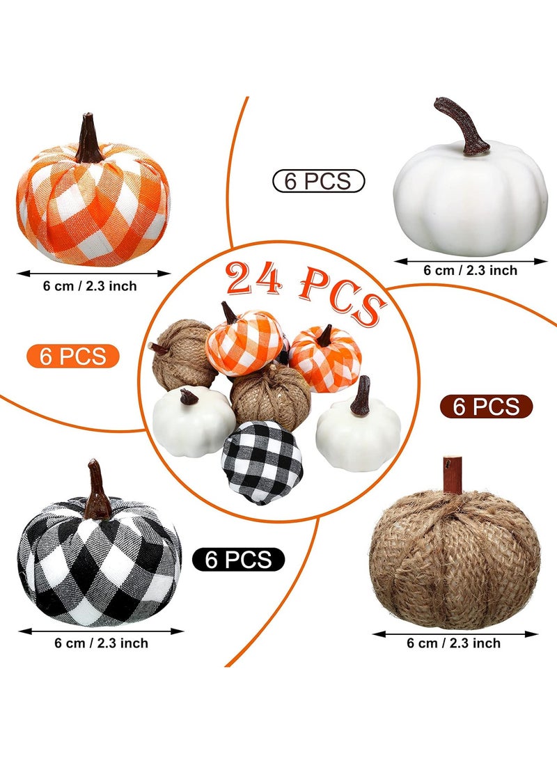 24 Pieces Buffalo Plaid Pumpkins Fall Pumpkin Decor Black and White Pumpkins Artificial Pumpkin Fabric Pumpkin Farmhouse Tabletop Decoration for Harvest Thanksgiving Halloween