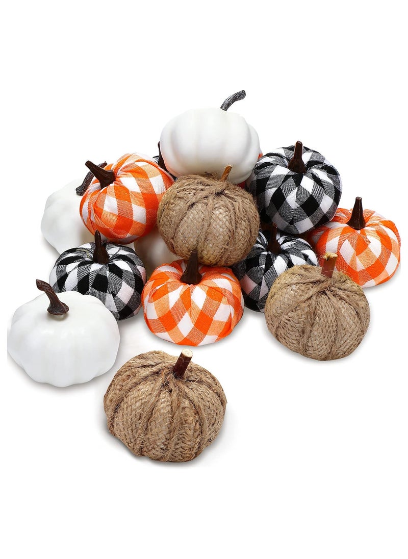 24 Pieces Buffalo Plaid Pumpkins Fall Pumpkin Decor Black and White Pumpkins Artificial Pumpkin Fabric Pumpkin Farmhouse Tabletop Decoration for Harvest Thanksgiving Halloween