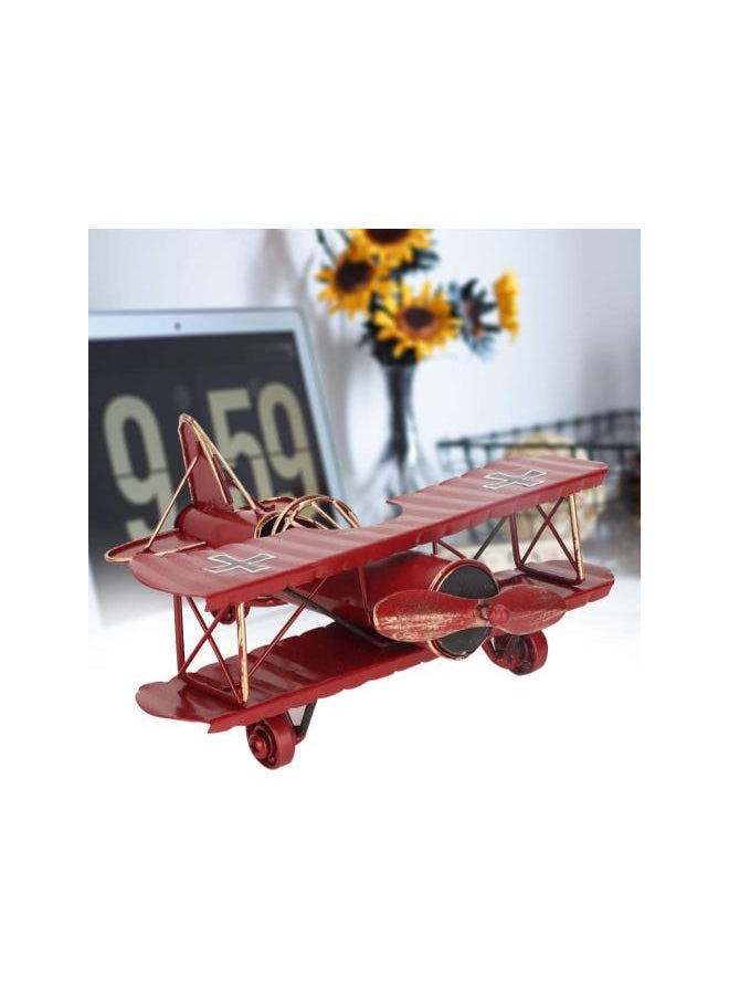 Retro Iron Aircraft Handicraft,Vintage Airplane Model Wrought Iron Aircraft Biplane for Desktop Decor Photo Props(Red)