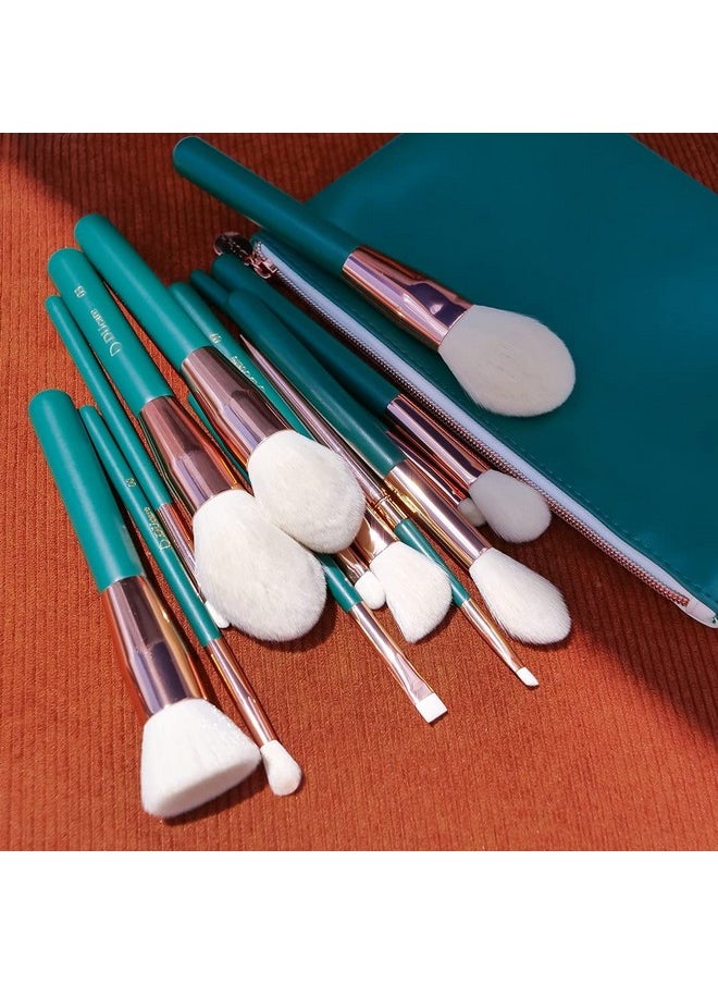 Makeup Brush Set Green 13Pcs Makeup Brushes With Case Premium Synthetic Kabuki Foundation Blending Face Powder Mineral Eyeshadow Make Up Brushes Set With Bag