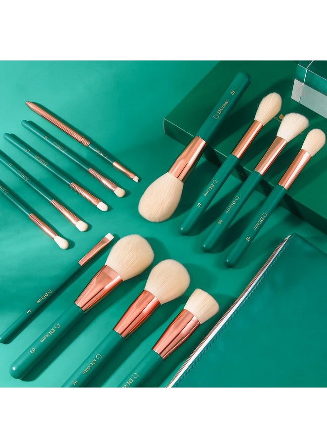 Makeup Brush Set Green 13Pcs Makeup Brushes With Case Premium Synthetic Kabuki Foundation Blending Face Powder Mineral Eyeshadow Make Up Brushes Set With Bag