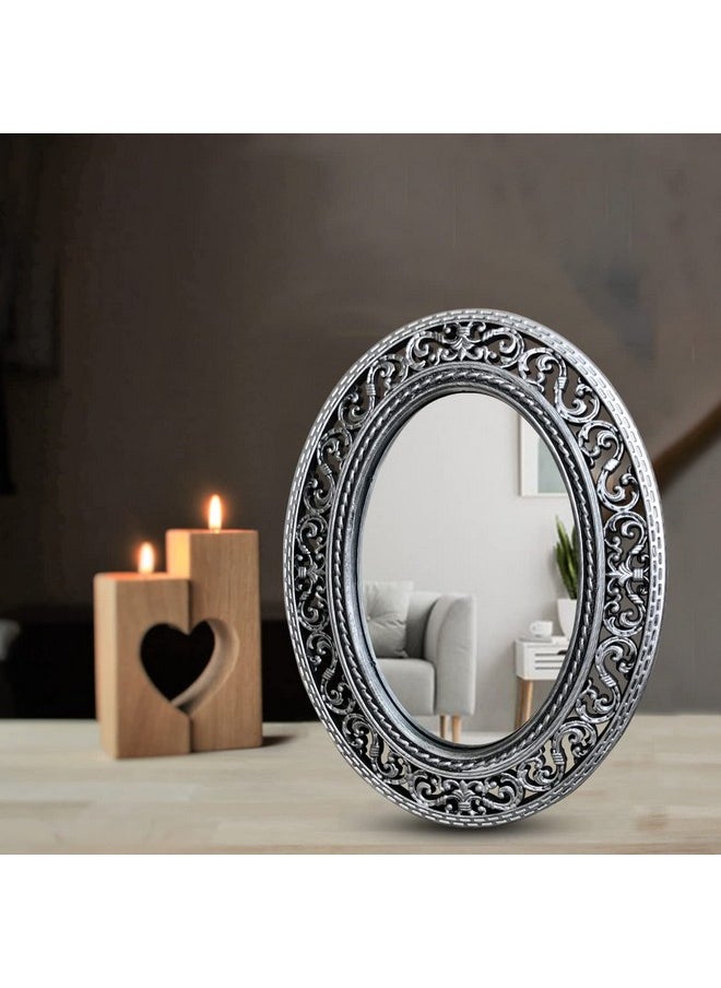 Silver Metal Table Top Mirrors Oval Shape Hanheld Mirror For Makeup (Size - 8.5 X 6.5 Inchs)