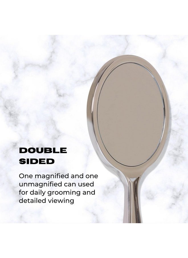 Professional Series Medium Round Shape Double Sided Magnifying Makeup Hand Mirror With Handle For Men & Women, Silver, 27 X 14.5 X 1 Cm