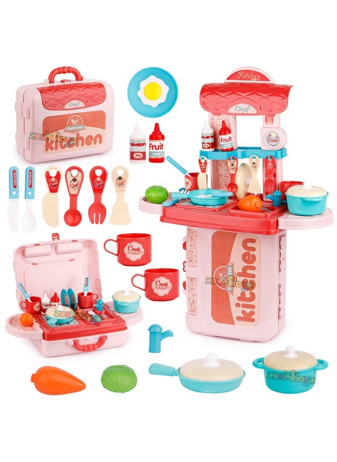 Plastic Kitchen Set For Kids Girl Pretend To Play 3 In 1 Little Chef'S Portable Suitcase Design 19 Pieces