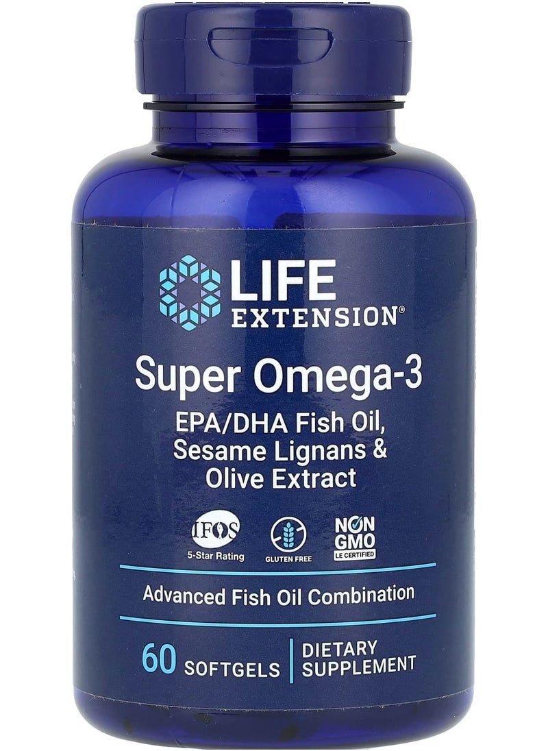 Super Omega-3, EPA/DHA Fish Oil, Sesame Lignans & Olive Extract, 60 Softgels