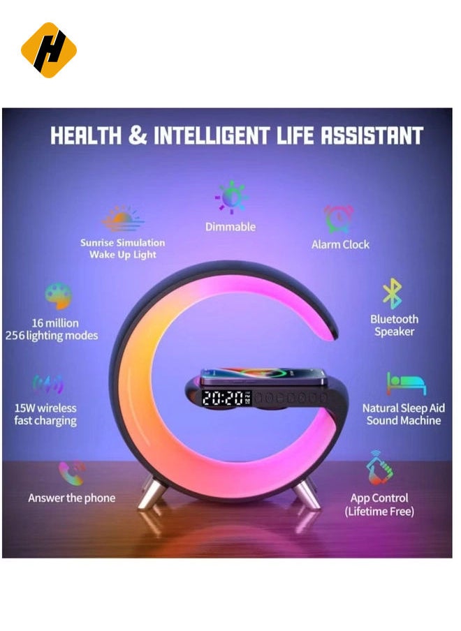 Wireless Charger Atmosphere Lamp, Portable LED Bluetooth Speaker Wireless Charger with Desk Lamp Bedside RGB Night Light, App Control Mini Music Lamp Digital Alarm Clock Speaker