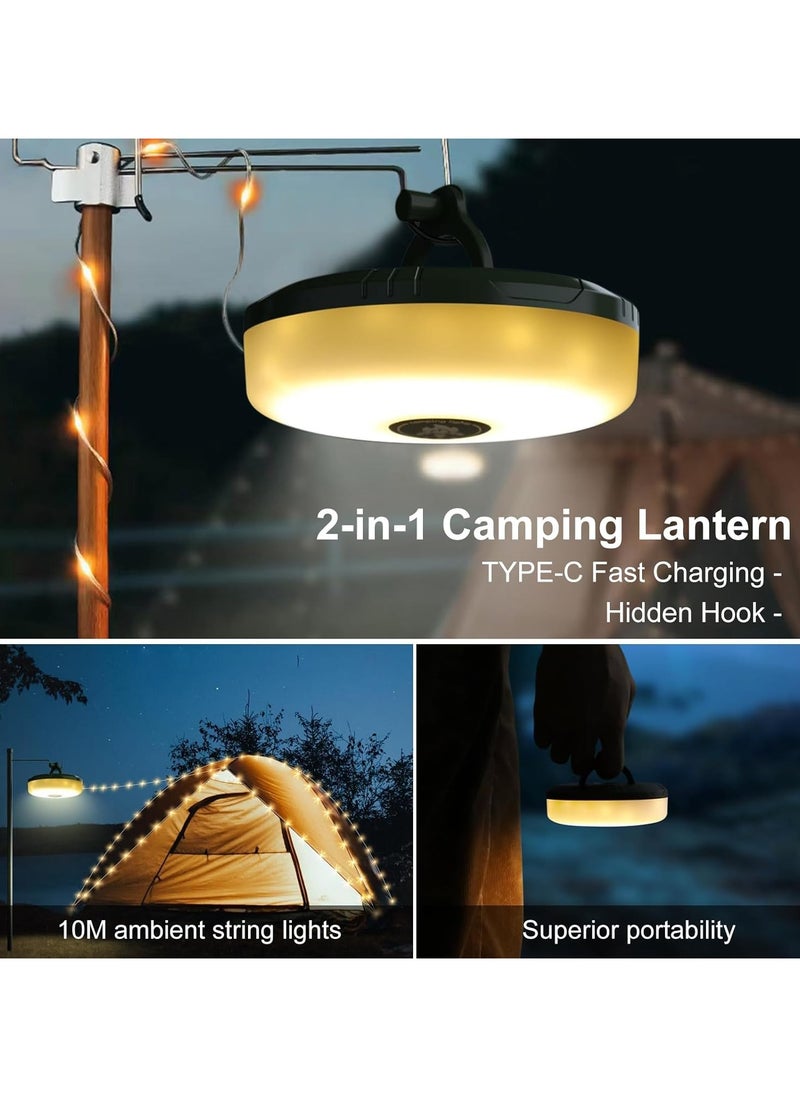 String Lights, 4 in 1 Outdoor Camping Lantern with Multi Lighting Modes (32.8Ft), Quick 30s Recovery, Waterproof, Type-C Fast Charging, Portable Camping Lights for Camping, Yard, Hiking