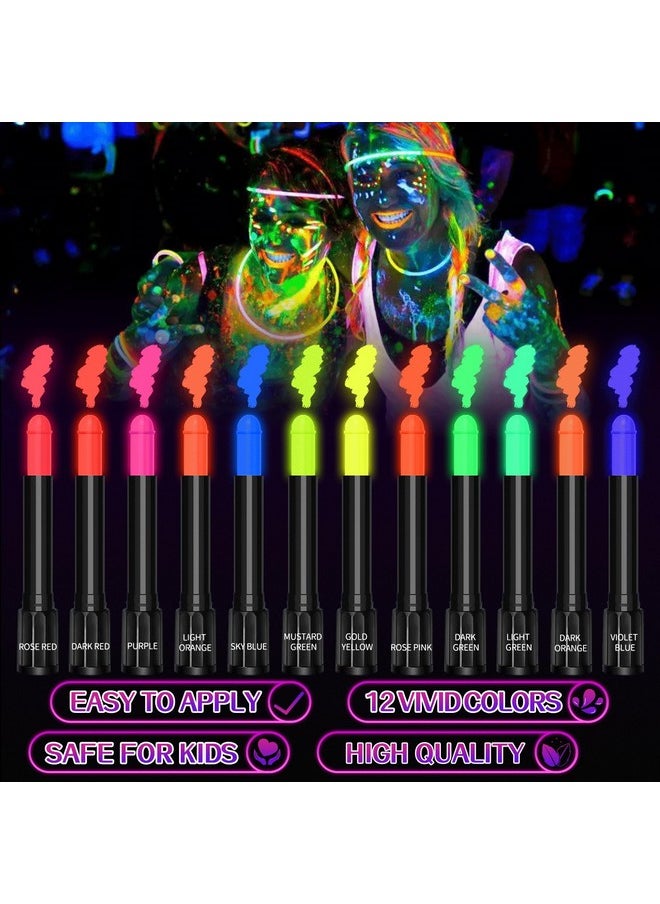 Glow In The Dark Uv Neon Face Paint 12 Colors Water Based Fluorescent Body Paint Sticks Crayons With 46 Stencils And 3 Brushes Under Blacklight For Glow Party, Chrismas Uv Makeup