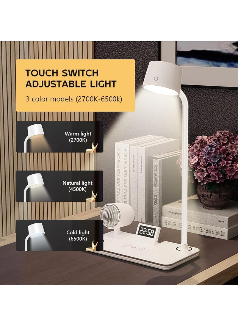 LED Desk Lamps for Home Office, Wireless Charger Small Desk Lamp with Bluetooth, Touch lamps for nightstand, Reading Night Light with Clock,Dimmable,Side Table Lamp for College Dorm Room,Bedroom