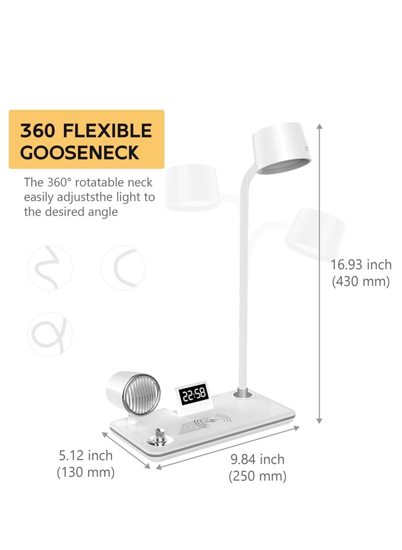 LED Desk Lamps for Home Office, Wireless Charger Small Desk Lamp with Bluetooth, Touch lamps for nightstand, Reading Night Light with Clock,Dimmable,Side Table Lamp for College Dorm Room,Bedroom