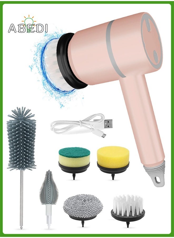 Rechargeable Electric Spin Scrubber, Portable Handheld Cleaning Brush with 6 Replaceable Brush Heads, Cordless Cleaning Brush for Bathroom, Kitchen, Dish, Milk bottle, Tile, Glass