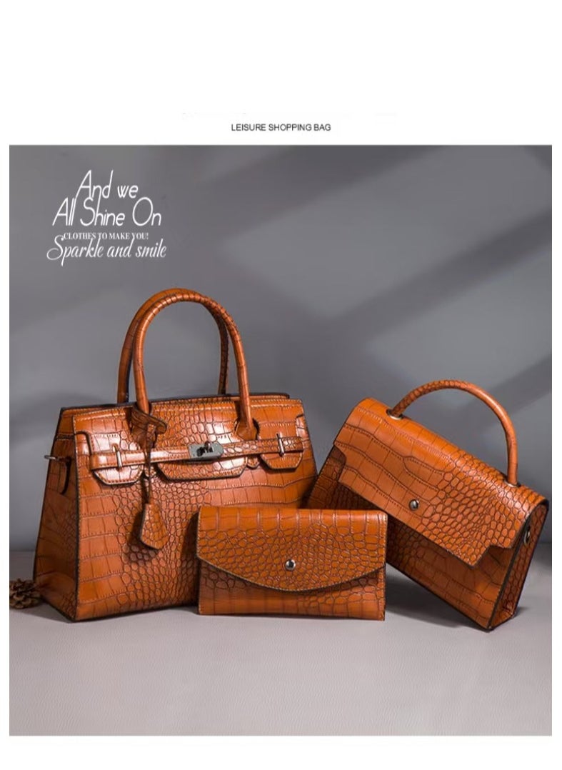 Women's Crocodile Pattern Tote Bags, Stylish Handbags ,Satchels Purses,Crossbody Bag and Wallets, 3 Pcs Set For Women-Brown