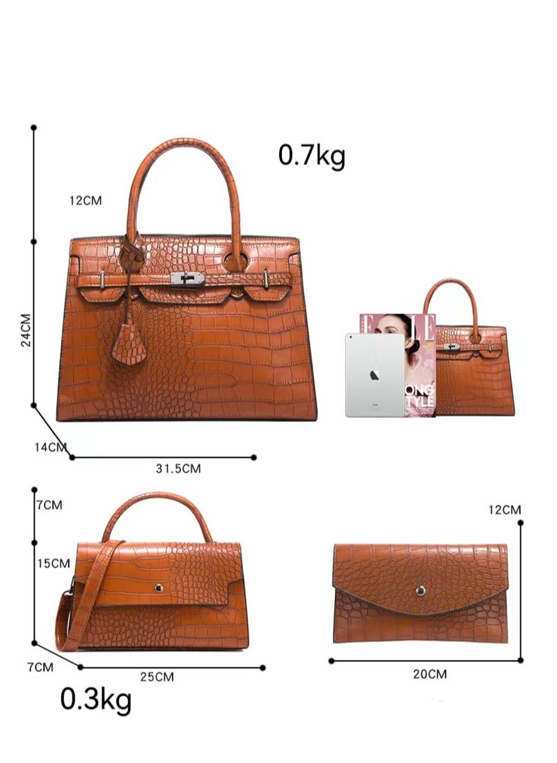 Women's Crocodile Pattern Tote Bags, Stylish Handbags ,Satchels Purses,Crossbody Bag and Wallets, 3 Pcs Set For Women-Brown