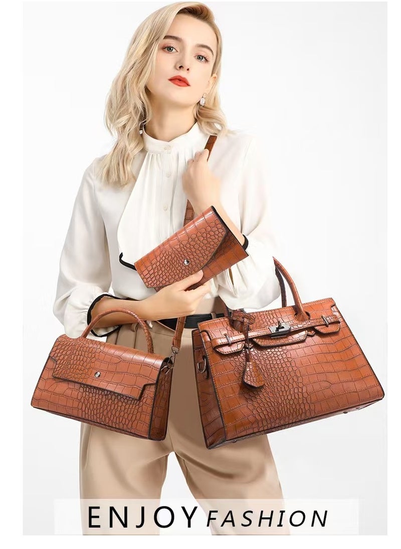 Women's Crocodile Pattern Tote Bags, Stylish Handbags ,Satchels Purses,Crossbody Bag and Wallets, 3 Pcs Set For Women-Brown