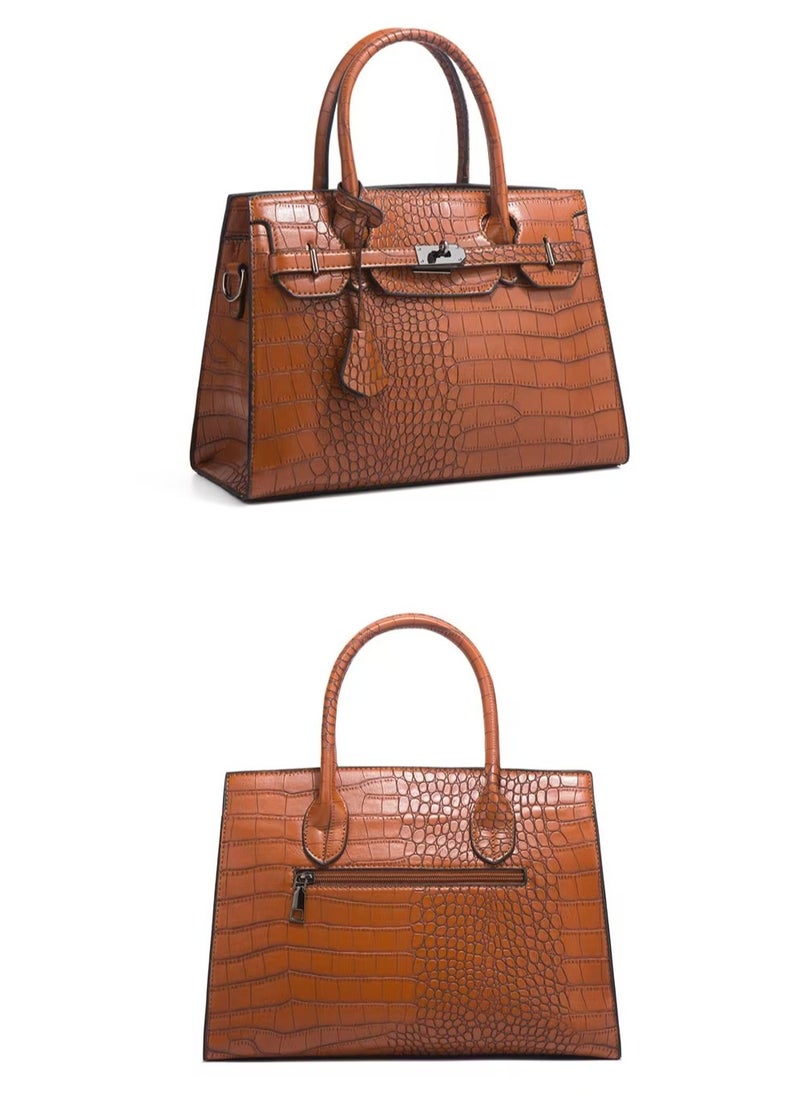 Women's Crocodile Pattern Tote Bags, Stylish Handbags ,Satchels Purses,Crossbody Bag and Wallets, 3 Pcs Set For Women-Brown