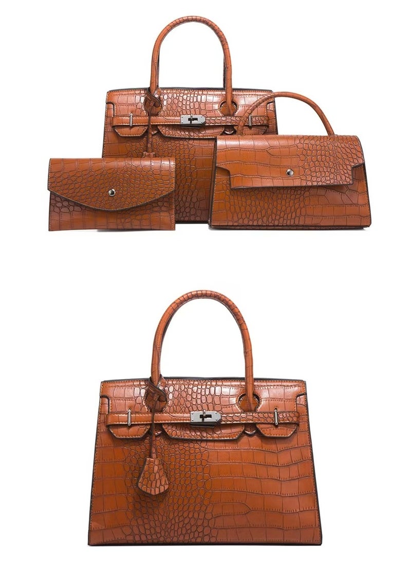 Women's Crocodile Pattern Tote Bags, Stylish Handbags ,Satchels Purses,Crossbody Bag and Wallets, 3 Pcs Set For Women-Brown