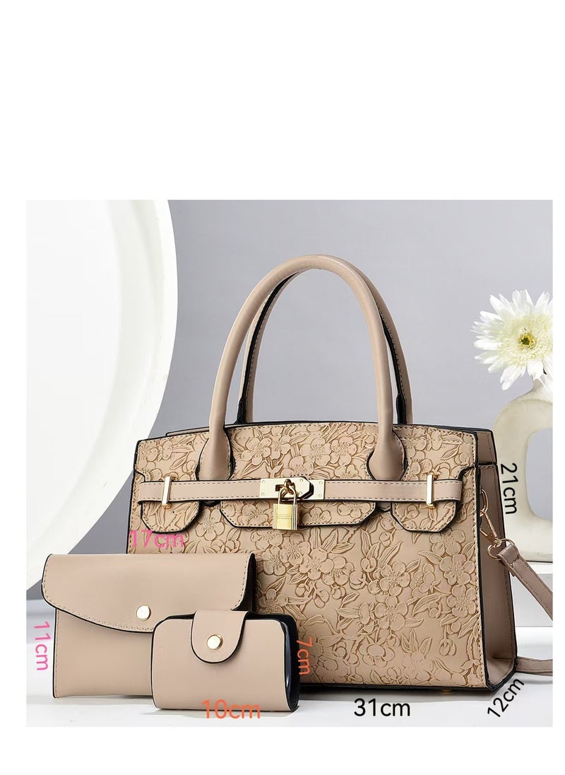 Women's Emboss Pattern Tote Bags, Stylish Handbags ,Satchels Purses,Clutch Bag and Wallets, 3 Pcs Set For Women-Beige