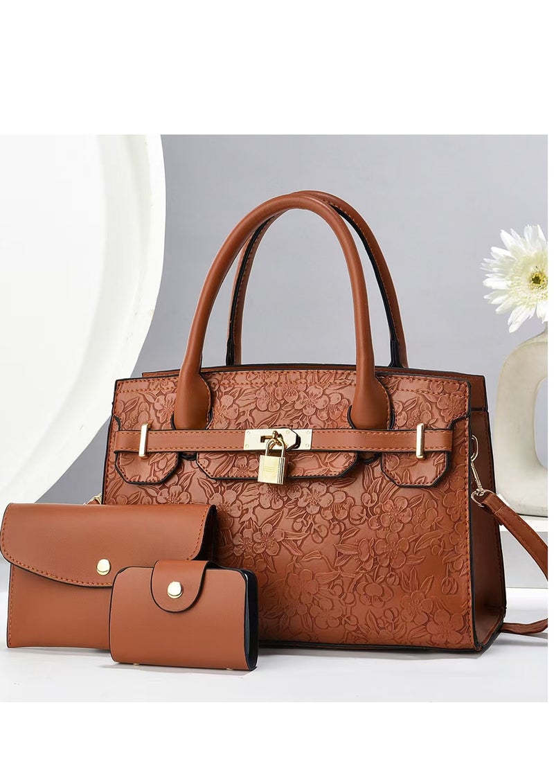 Women's Emboss Pattern Tote Bags, Stylish Handbags ,Satchels Purses,Clutch Bag and Wallets, 3 Pcs Set For Women-Brown