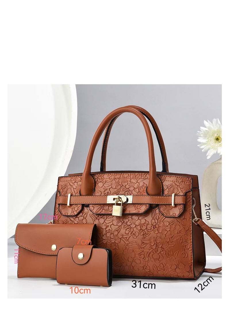 Women's Emboss Pattern Tote Bags, Stylish Handbags ,Satchels Purses,Clutch Bag and Wallets, 3 Pcs Set For Women-Brown