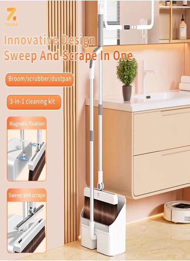 Versatille 3-in-1 Set Broom, Scraper with Dustpan 25mm Scraping Teeth, Soft & Wear-Resistant Silicon Strip with  90 Degree Folding Storage Lock Up Trash and 180 Degree Flexible Broom Head Rotation C3 - White