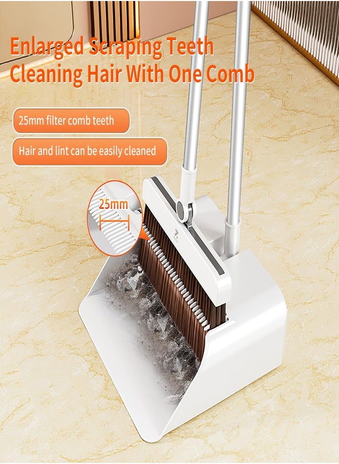 Versatille 3-in-1 Set Broom, Scraper with Dustpan 25mm Scraping Teeth, Soft & Wear-Resistant Silicon Strip with  90 Degree Folding Storage Lock Up Trash and 180 Degree Flexible Broom Head Rotation C3 - White