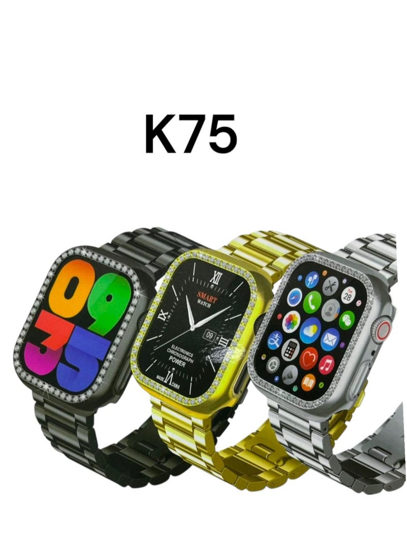 K75 Smart Watch HD Display With 4 Pair of Straps Wireless Charger Stylish Stone Watch For Men and Women - SILVER