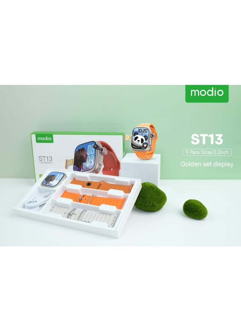 Modio ST13 Smart Watch With 2.2 Inch Full Screen Display Sim Card Slot and 3 Pair Straps and Charging Cable Designed For Ladies and Gents