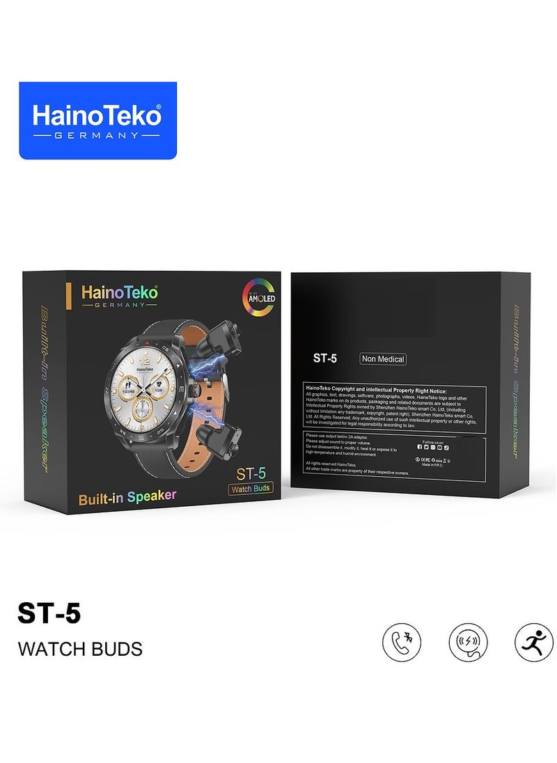 Haino Teko ST5 Watch Buds Round Shape AMOLED Display Smart Watch Bluetooth Earbuds for Mens Silver