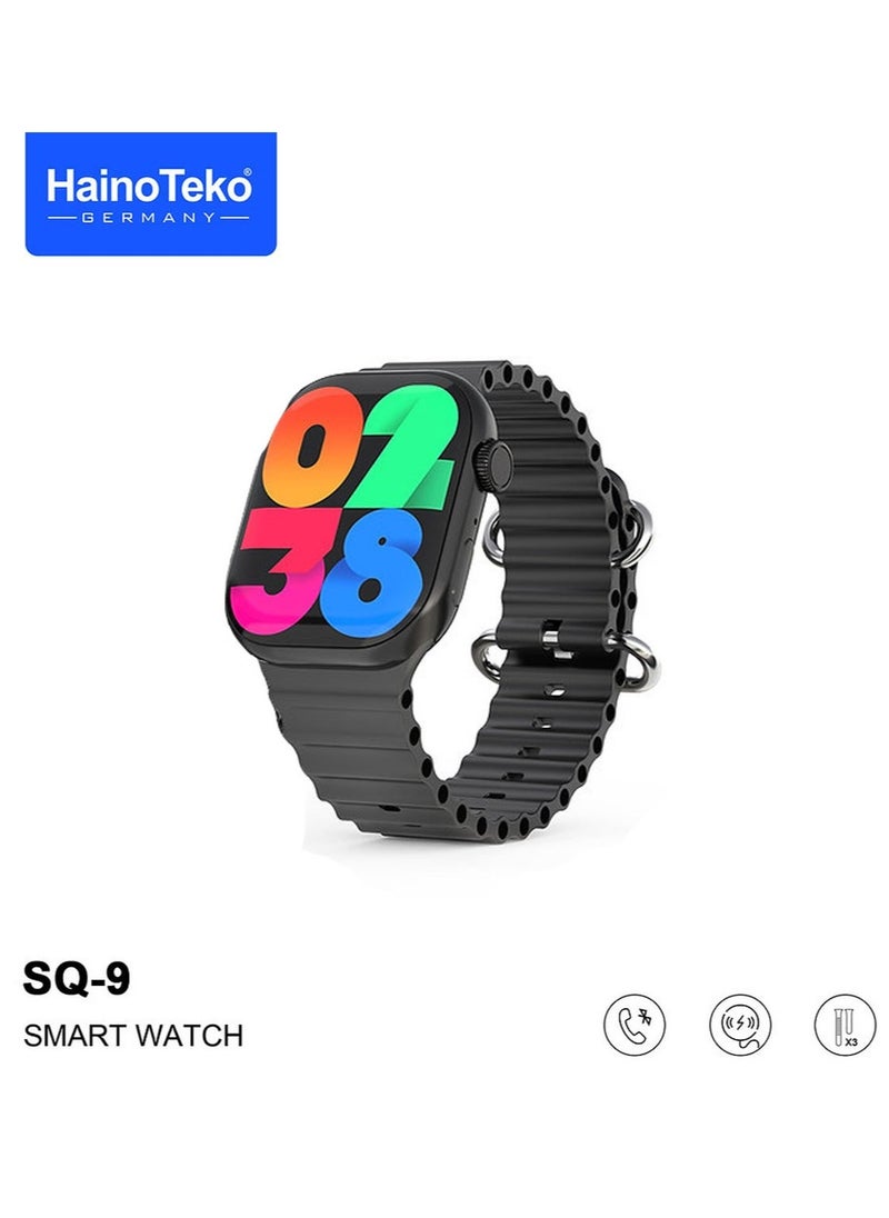 HainoTeko SQ9 Smartwatch with Large Screen AMOLED Display 3 Straps and Charging Cable Designed for Ladies and Gents Black