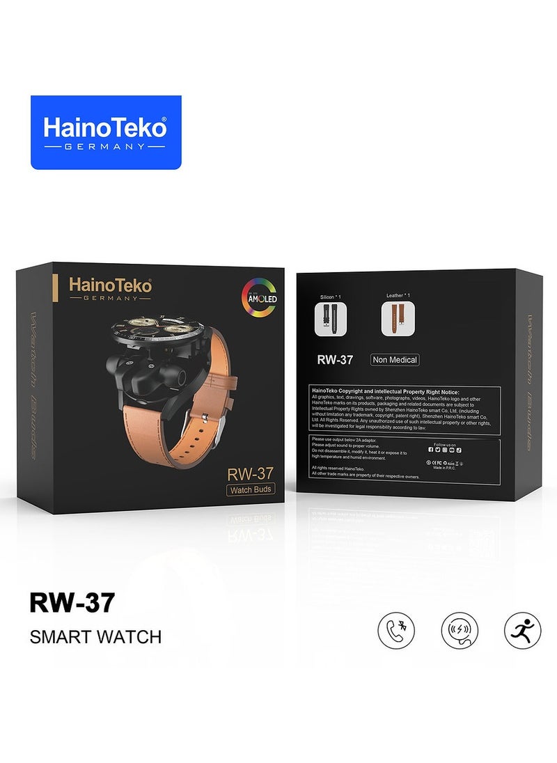 Haino Teko RW37 Smartwatch with Built-in Buds Round Shape AMOLED Display 2 Pair Straps and Charging Cable Designed for Gents Black