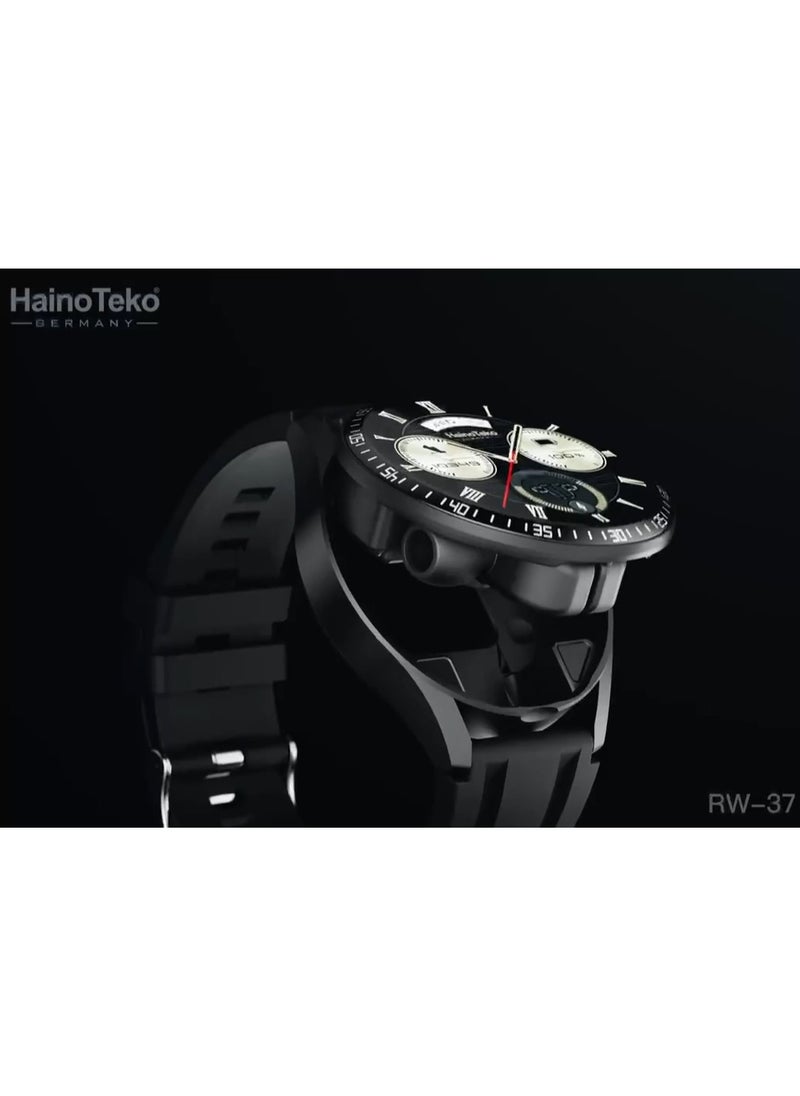 Haino Teko RW37 Smartwatch with Built-in Buds Round Shape AMOLED Display 2 Pair Straps and Charging Cable Designed for Gents Black