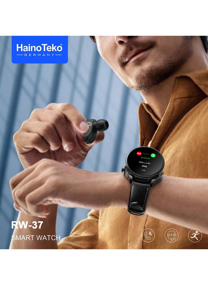 Haino Teko RW37 Smartwatch with Built-in Buds Round Shape AMOLED Display 2 Pair Straps and Charging Cable Designed for Gents Black