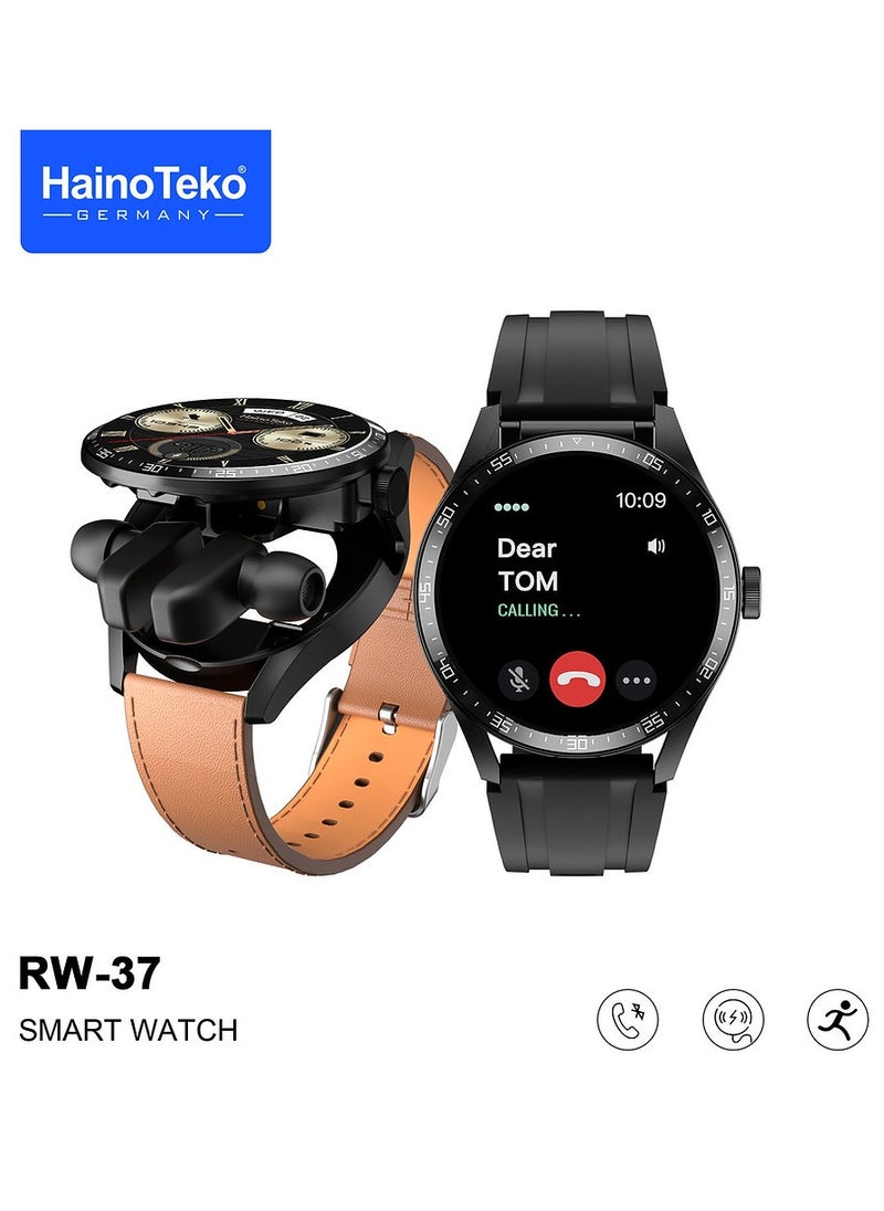 Haino Teko RW37 Smartwatch with Built-in Buds Round Shape AMOLED Display 2 Pair Straps and Charging Cable Designed for Gents Black