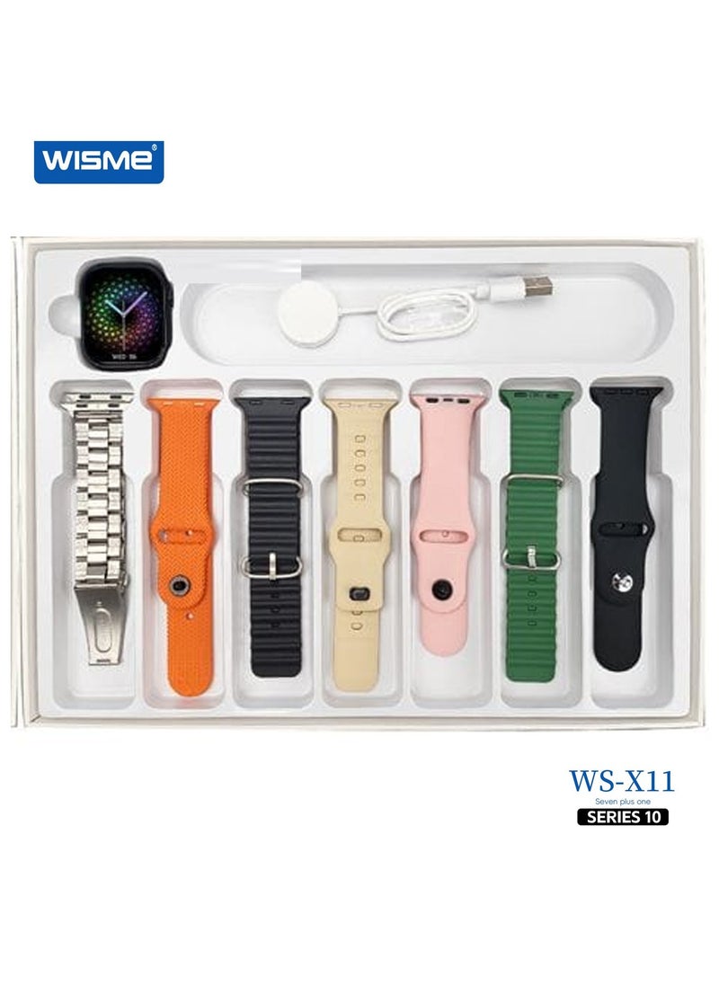 Wisme WS-X11 Series 10 Smart Watch With AI Voice Assistance 7 Pair Straps and Charging Cable Designed For Ladies and Gents Black