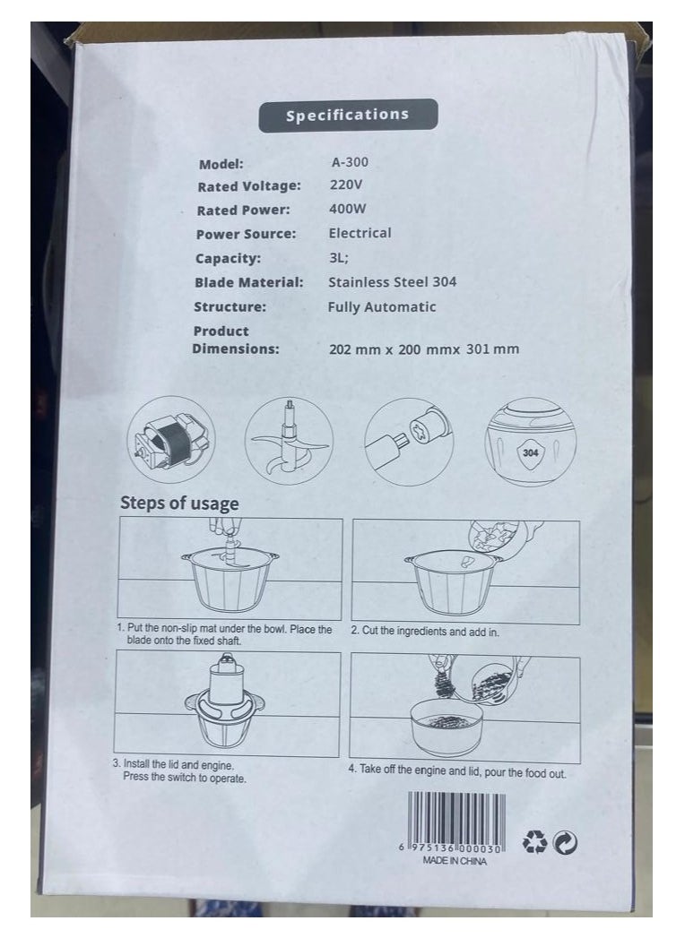 Multifunctional Food Processor, 3L Stainless Steel Bowl with Sharp Blades, Turbo Power, 220V-400W for High Powerdered Grinding