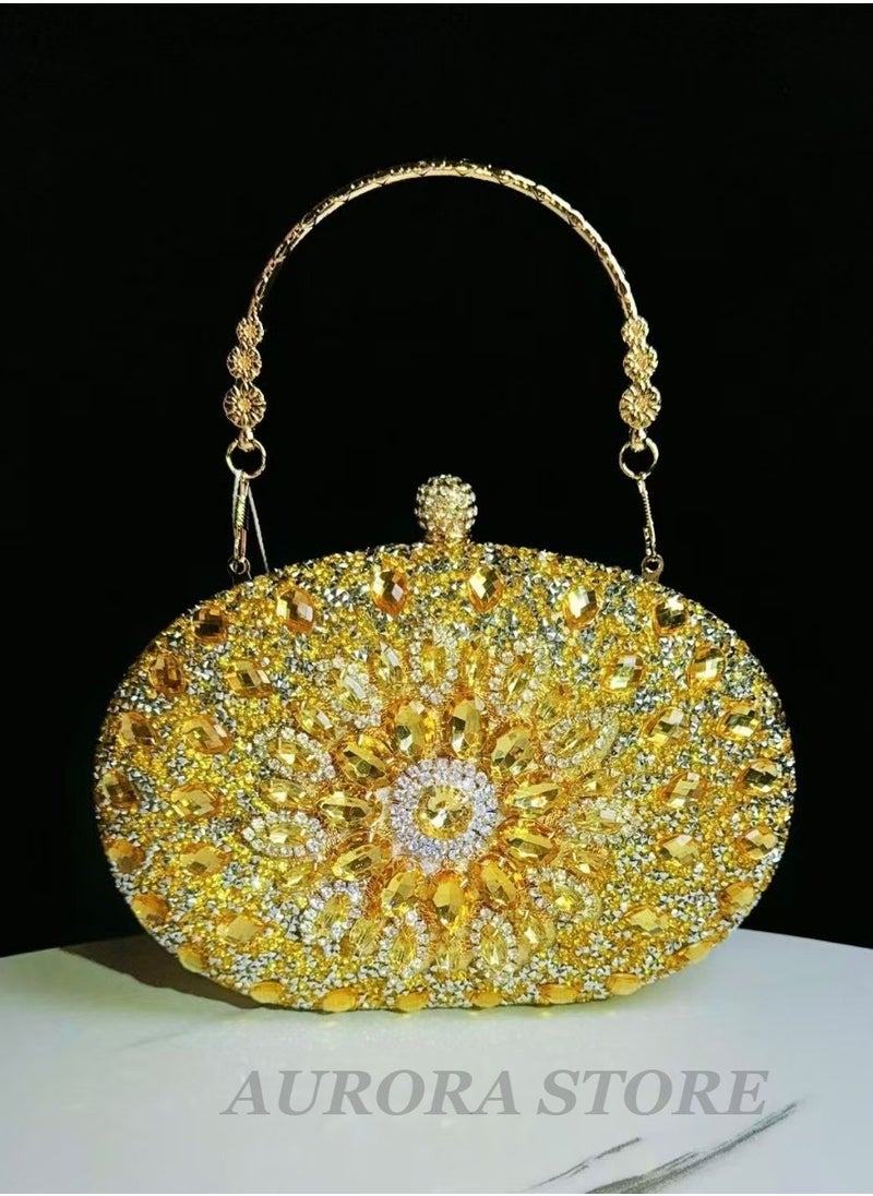 Gold Sunflower Clutch Purses For Women Rhinestone Evening Purse Sparkling Handbags Crystal Clutch For Wedding Party