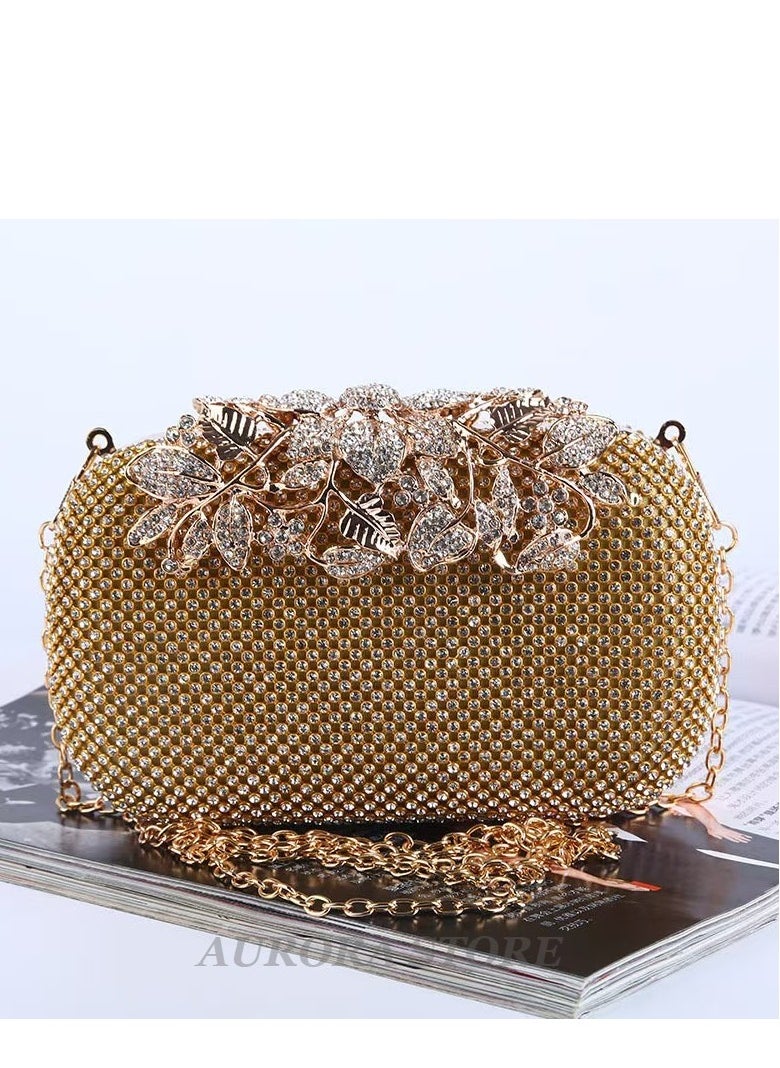 Womens Evening Bag with Flower clasp Wedding Handbag Rhinestone Crystal Clutch Purse-Gold