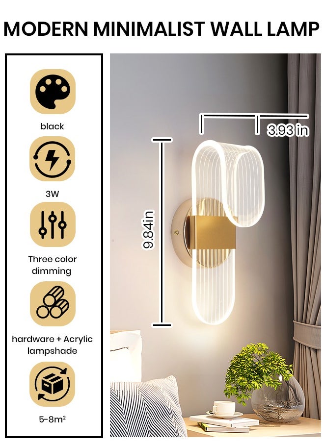 Modern Golden Wall Light Sconce, 3W Adjustable Flush Mount with Three-Color Dimming (3000K-6000K), 9.84 x 3.93 Inches for Bedroom, Hallway, and Living Room