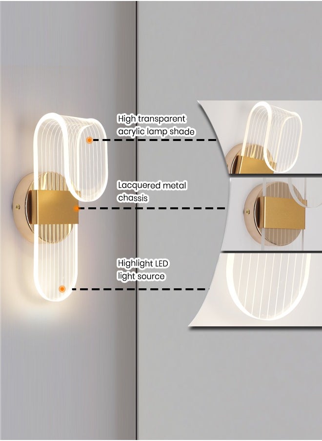 Modern Golden Wall Light Sconce, 3W Adjustable Flush Mount with Three-Color Dimming (3000K-6000K), 9.84 x 3.93 Inches for Bedroom, Hallway, and Living Room