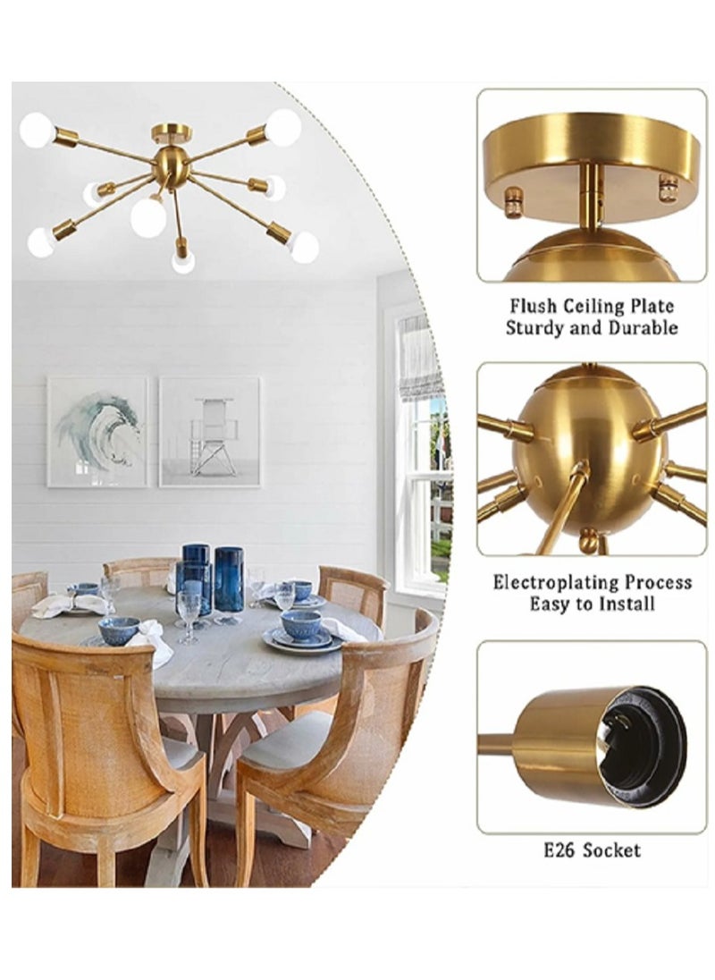 Modern Sputnik Ceiling Light, 8-Light Brushed Brass Lighting Fixture for Living Room Bedroom Kitchen Bar Restaurant