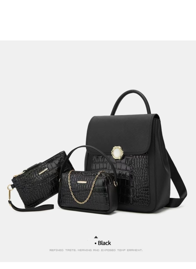 Women's Crocodile Pattern Backpack, Stylish Handbags ,Satchels Purses,Crossbody Bag and clutch, 3 Pcs Set For Women-Black