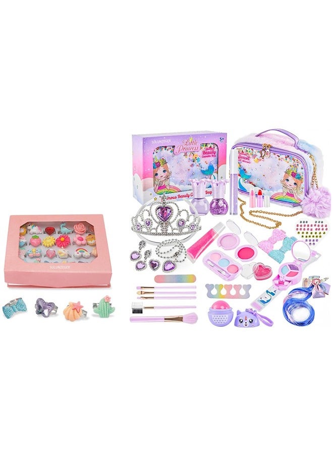 Girls Makeup Set With Jewel Rings Box, Kids Real Washable Make Up Kit Toys With Mermaid Cosmetic Bag.