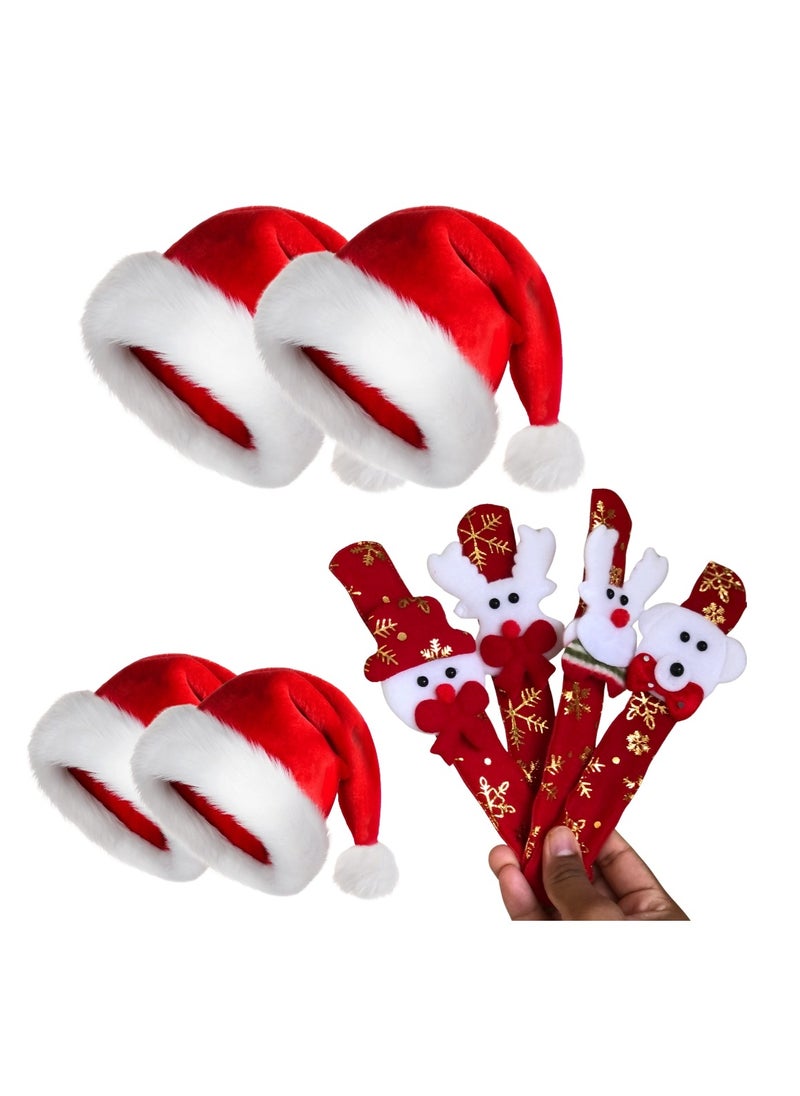 8-Piece Family Christmas Set|2 Fluffy Adult Santa Hats|2 Fluffy Kids Santa Hat|4 Christmas Slap Bracelets|Christmas Decoration Costume|Christmas|Christmas Decor|Christmas Party|Christmas Gifts