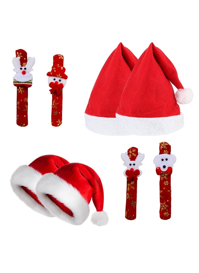 8-Piece Christmas Set | 2 Non-Woven Santa Hat | 2 Kids Fluffy Santa Hat | 4 Christmas Themed Slap Bracelets | Christmas Decor | Christmas Gifts | Christmas Decoration Costume