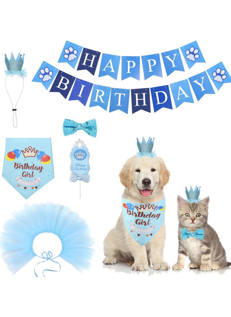 Six-Piece Pet Birthday Decoration Set, Dog Bibs Birthday Banner Skirt Bow Tie Party Hat Decoration Props (Blue)