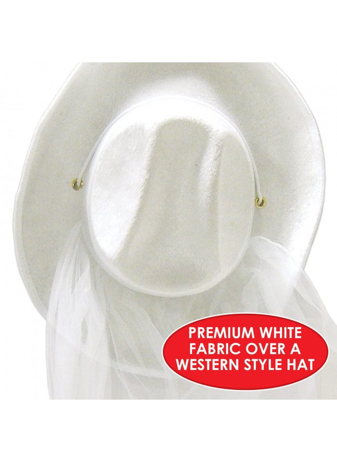 Beistle Western Brides Cowboy Hat & Veil One Size Fits Most, Adjustable Chin Strap, Bachelorette Outfit for Bride, Bachelorette Veil for Bride, Novelty Bridal Shower Hat