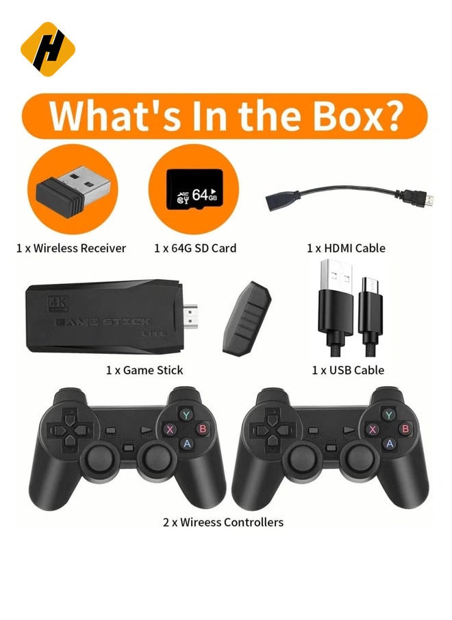 Wireless Retro Game Console, Plug & Play Video TV Game Stick With 10000+ Games Built-in, 9 Emulators, 4K HDMI Output for TV with Dual 2.4G Wireless Controllers